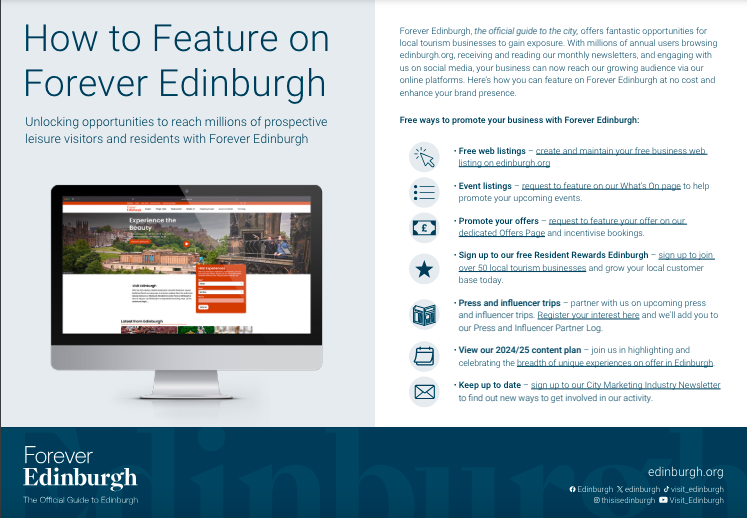 ETAG_UK's tweet photo. #ForeverEdinburgh - the official guide to the city - offers a range of opportunities for local #tourism businesses to gain exposure to both the visitor market and to local residents.

Find out more👇
https://t.co/V9h01x9ZIG 

#DestinationMarketing https://t.co/njfVdpcASD