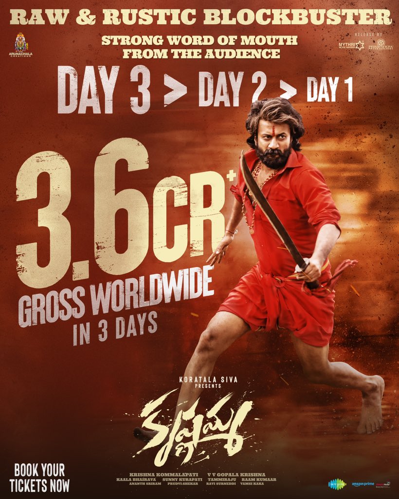 #Krishnamma box office rampage continues ❤️‍🔥🪓 Grosses 3.6 CRORES+ worldwide in 3 days 💥💥 Book your tickets for the RAW & RUSTIC BLOCKBUSTER today 🔥 ▶️ linktr.ee/Krishnammatick… 𝐑𝐄𝐋𝐄𝐀𝐒𝐄 𝐁𝐘 @Mythriofficial & @Primeshowtweets ✨ 🌟ing @ActorSatyaDev #VVGopalakrishna…