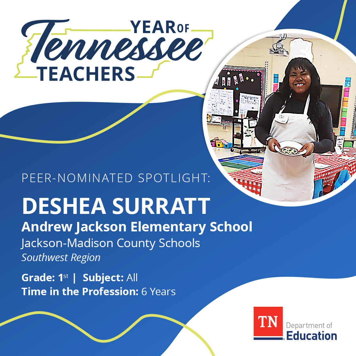 TNedu's tweet photo. We are thrilled to spotlight @JMCSchools' Deshea Surratt, nominated by her peers for the dedication and passion she shows her students every day. Thank you for your commitment to your students! #TNSupportsTeachers https://t.co/4ZgJb9m0vN