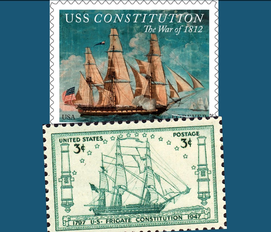 USS Constitution has been honored on a U.S. postage stamp twice. On Oct 21, 1947, a 3-cent stamp commemorated the 150th anniversary of the ship’s launch. The second was issued as a 'forever stamp' in 2012. Read the story: bit.ly/4bkOZBG #OldIronsides #GOAT