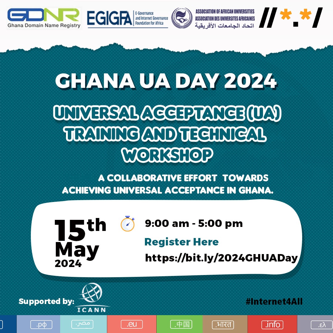 Don't Miss Out on Universal Acceptance Day 2024! 🎉

Date: 15th May 2024
Time: 9am to 5pm
Register at: bit.ly/2024GHUADay

Join us for a day filled with acceptance, learning, and community! Register now to secure your spot. See you there!
@UASGTech
#internet4all #UADay2024