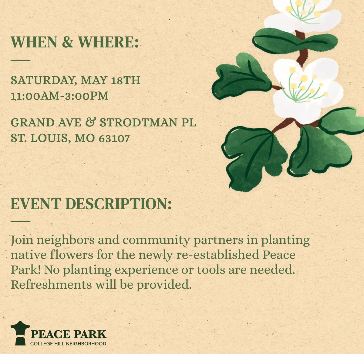 🌼 The Green City Coalition is having a Planting Blitz at Peace Park this Saturday and we are helping spread the word! This Saturday, May 18 9:00 am - 3:00 pm Please RSVP if you would like to volunteer ~> buff.ly/3JRJajh