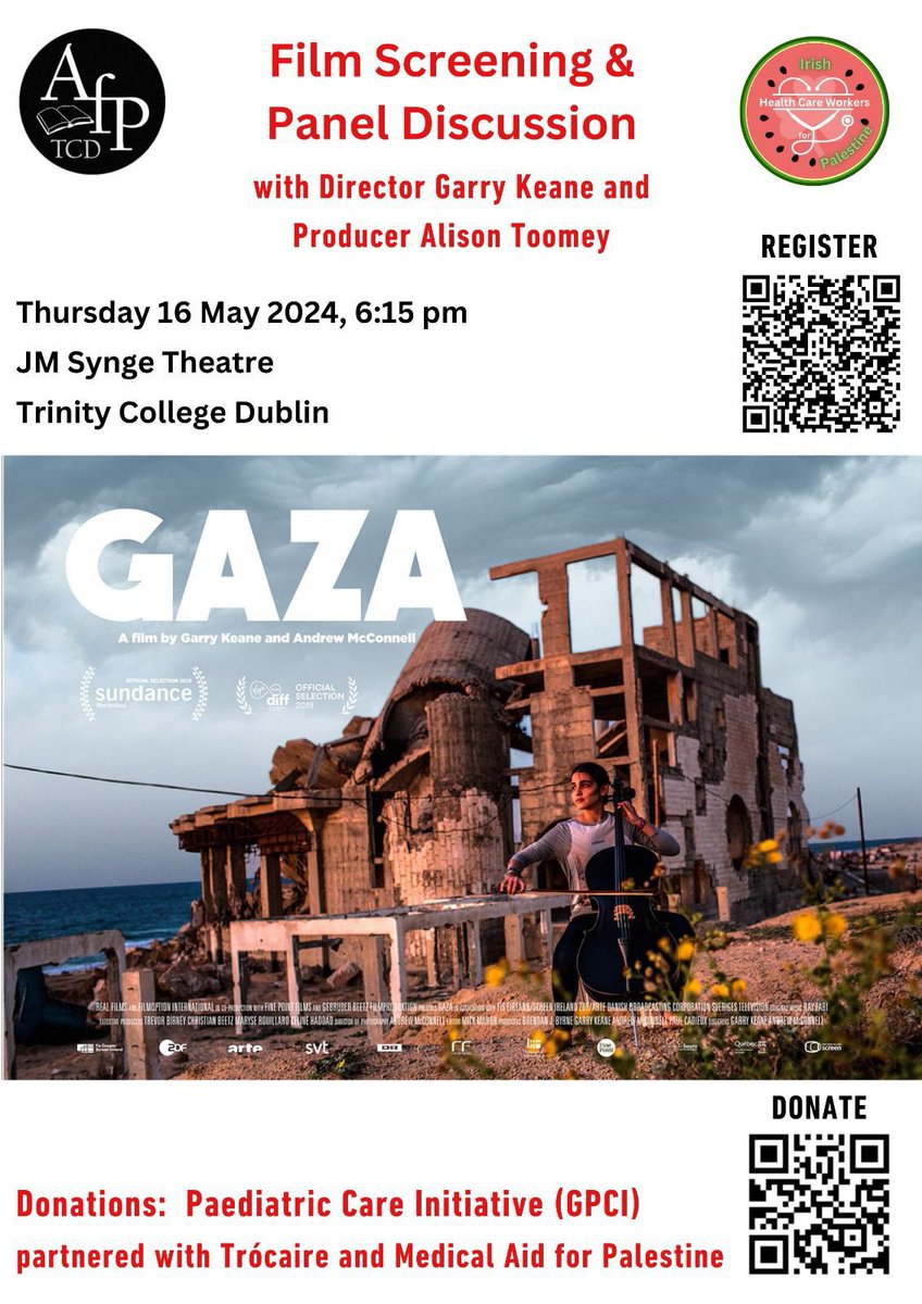 A reminder of the film screening *Gaza* followed by a panel discussion on 16th of May at 6.15pm in Trinity. Fundraiser for GPCI (via donation, registration is free). Please register so we know if we're near capacity in the room (and feel free to share): docs.google.com/forms/d/e/1FAI…