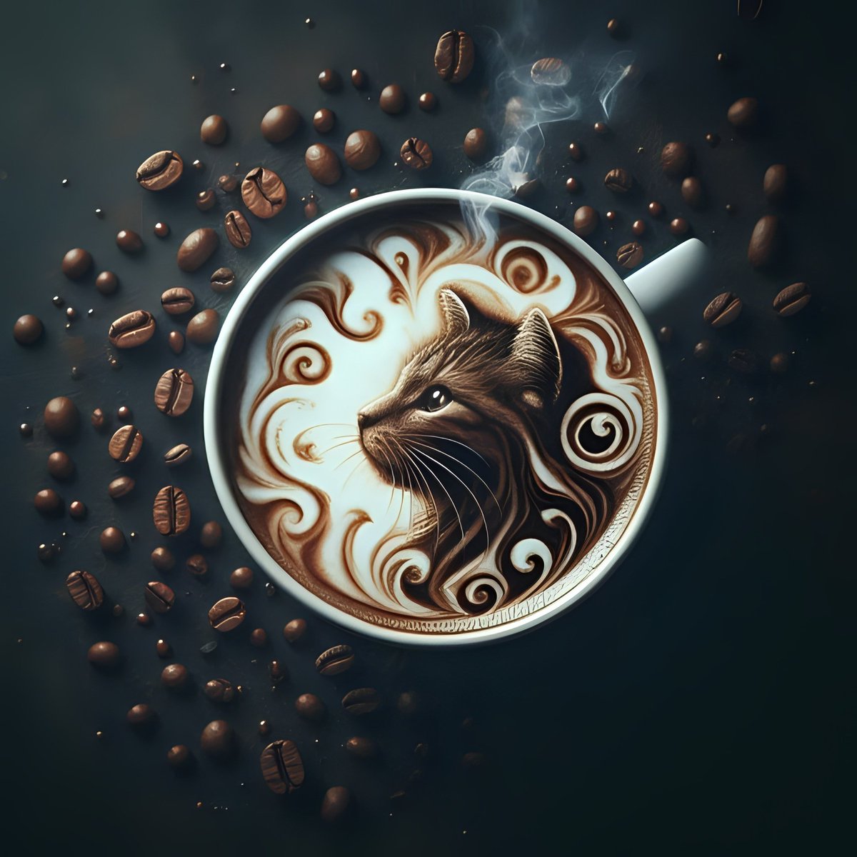 #Prompt 𝗦𝗵𝗮𝗿𝗲
[𝗣𝗿𝗼𝗺𝗽𝘁] in coffee foam + art in a coffee cup + top view + smoke and coffee beans surrounding it in the background + dark color scheme --ar 1:1 --v 6.0

🆀🆃 Your 𝗖𝗼𝗳𝗳𝗲𝗲 Art.
Embracing the art of coffee with every sip. ☕️✨ #CoffeeArt #DarkAesthetic