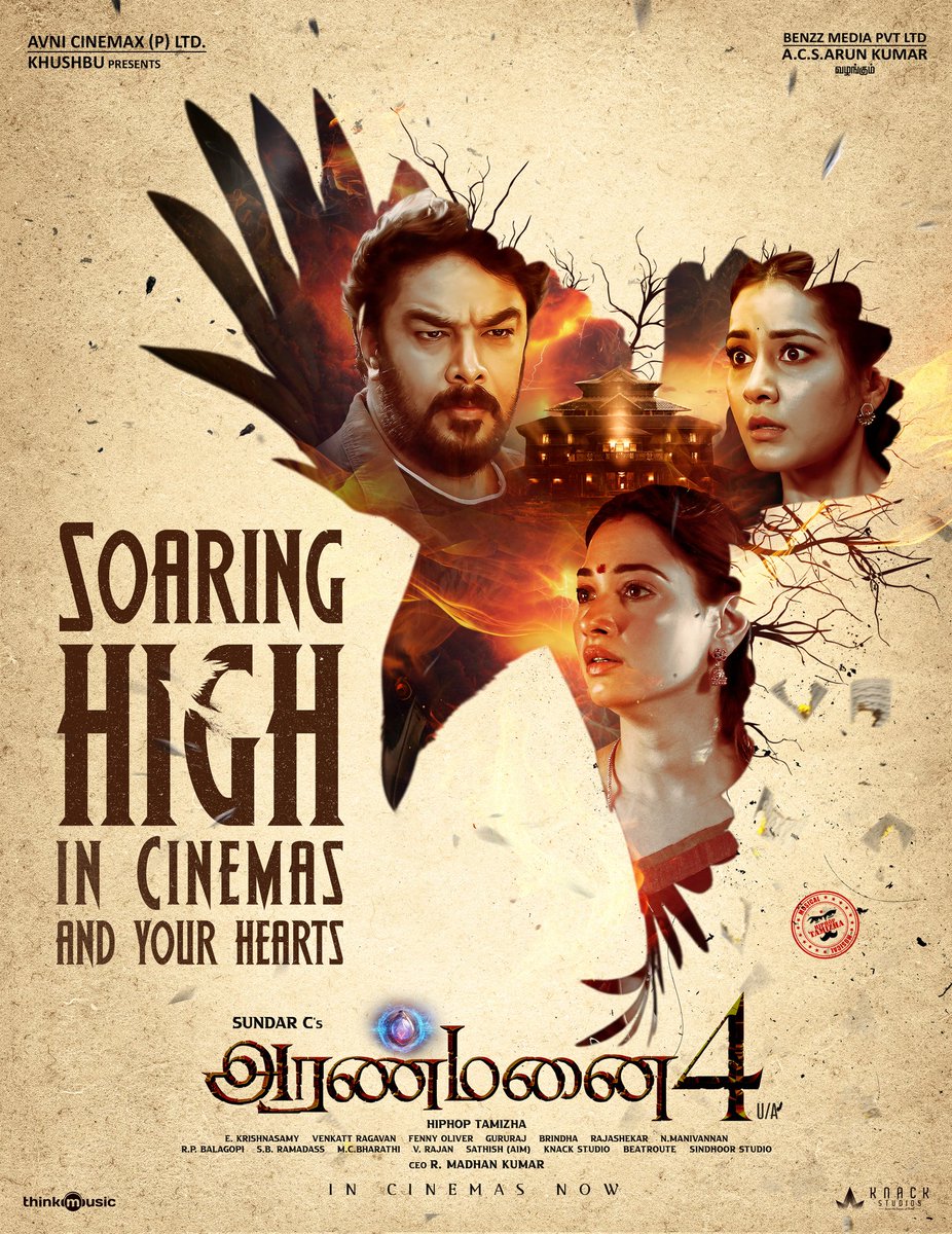 Soaring so high 🦅 Don't miss out on our blockbuster Horror-Comedy💥 Book your tickets now in cinemas near you 🔗 linktr.ee/Aranmanai4 #Aranmanai4BlockbusterHit A #SundarC Entertainer 🥳 A @hiphoptamizha musical🎶 @khushsundar @AvniCinemax @benzzmedia @tamannaahspeaks