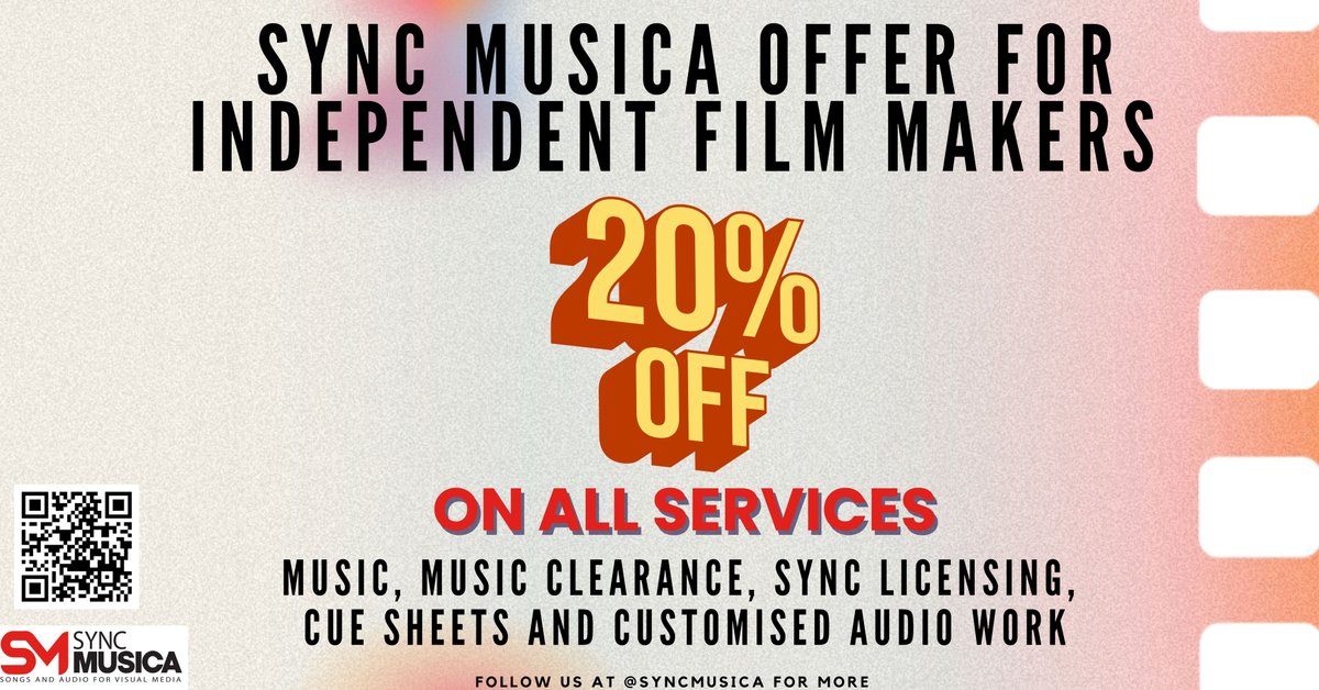 Attention to all Indie Film makers !! 📽️
Sync Musica has everything you need for your next project
Get 20% off your next services on us  😎 📹
@NYFA
#Independentfilmmakers #MiamiWebMusicFest #SyncMusica #film #filmcreators #artists #composers #producers   #organize #songs