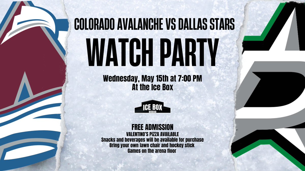 The Stanley Cup Playoffs roll on and we've got two more watch parties at the <a href="/IceBoxArena/">Ice Box</a> this week! Join us tomorrow night for Boston vs. Florida and Wednesday for Colorado vs. Dallas.  Admission is free and snacks and beverages are available for purchase.