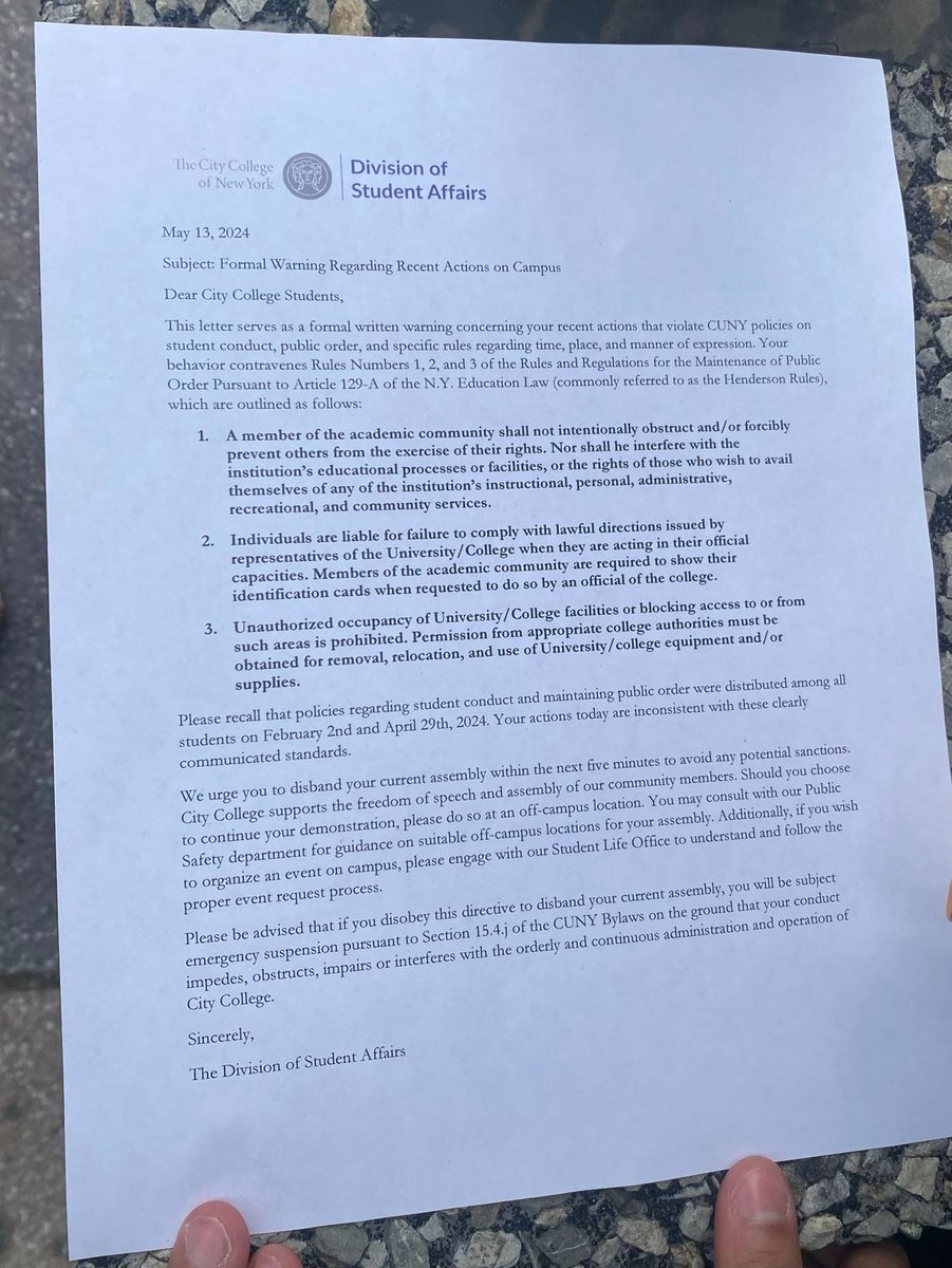 BREAKING: CCNY student affairs just threatened students with suspension for protesting on their own campus, falsely claiming Henderson violations. Admin continues to lawlessly target 🇵🇸 protest, 2 weeks after they sent NYPD to violently brutalize protestors. Defend CCNY students!