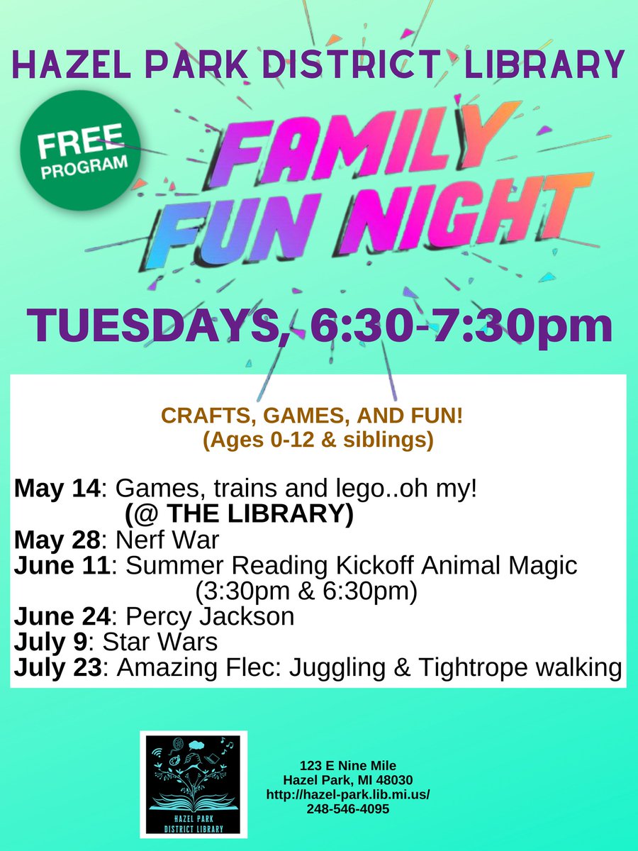 FAMILY FUN NIGHT WILL NOW BE AT THE HAZEL PARK DISTRICT LIBRARY TOMORROW, TUESDAY MAY 13 AT 6:30PM due to unforseen circumstances.  So come have fun playing with legos, trains and board games in the kid's area tomorrow.