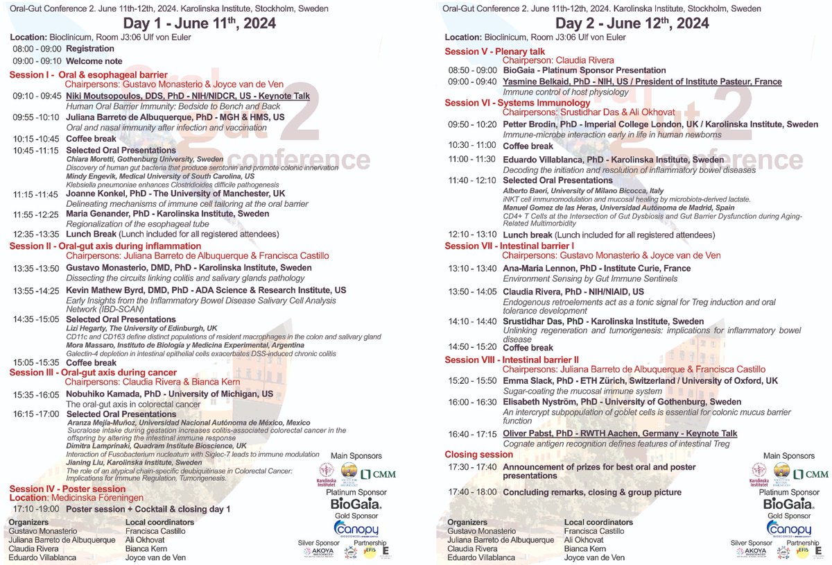 We are less than one month away from the @OralGut Conference 2, and we are thrilled to welcome all participants to the Karolinska Institute in the heart of Scandinavia - a pivotal hub for science and the prestigious site where Nobel Prizes are awarded! Here is our final program
