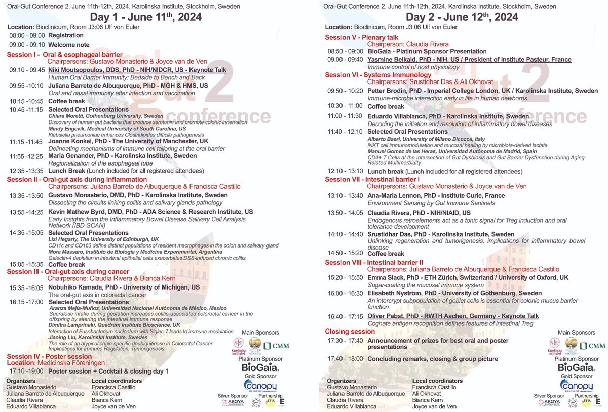 Oral-Gut Conferences (@oralgut) on Twitter photo We are less than one month away from the <a href="/OralGut/">Oral-Gut Conferences</a> Conference 2, and we are thrilled to welcome all participants to the Karolinska Institute in the heart of Scandinavia - a pivotal hub for science and the prestigious site where Nobel Prizes are awarded!
Here is our final program We are less than one month away from the <a href="/OralGut/">Oral-Gut Conferences</a> Conference 2, and we are thrilled to welcome all participants to the Karolinska Institute in the heart of Scandinavia - a pivotal hub for science and the prestigious site where Nobel Prizes are awarded!
Here is our final program