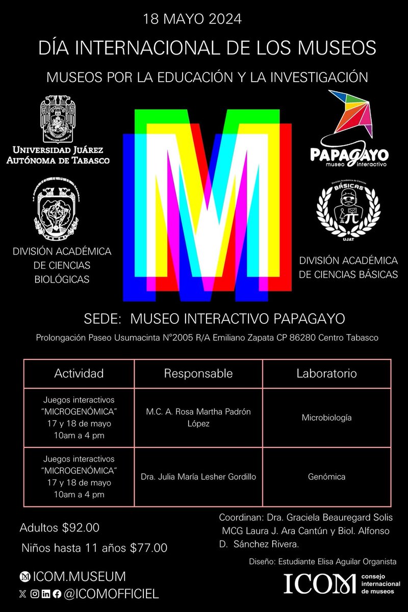 PapagayoTabasco's tweet photo. En conmemoración del Día Internacional de los Museos, este 17 y 18 de mayo, Papagayo, en colaboración con la División Académica de Ciencias Biológicas y la División Académica de Ciencias Básicas de la UJAT han preparado un programa especial. Consúltalo aquí:

#ICOM #UJAT #DACBIOL https://t.co/pIxV7gw59G
