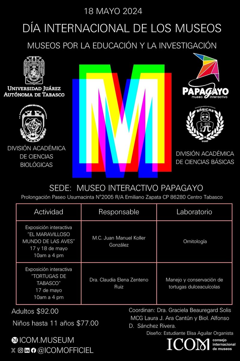 PapagayoTabasco's tweet photo. En conmemoración del Día Internacional de los Museos, este 17 y 18 de mayo, Papagayo, en colaboración con la División Académica de Ciencias Biológicas y la División Académica de Ciencias Básicas de la UJAT han preparado un programa especial. Consúltalo aquí:

#ICOM #UJAT #DACBIOL https://t.co/pIxV7gw59G
