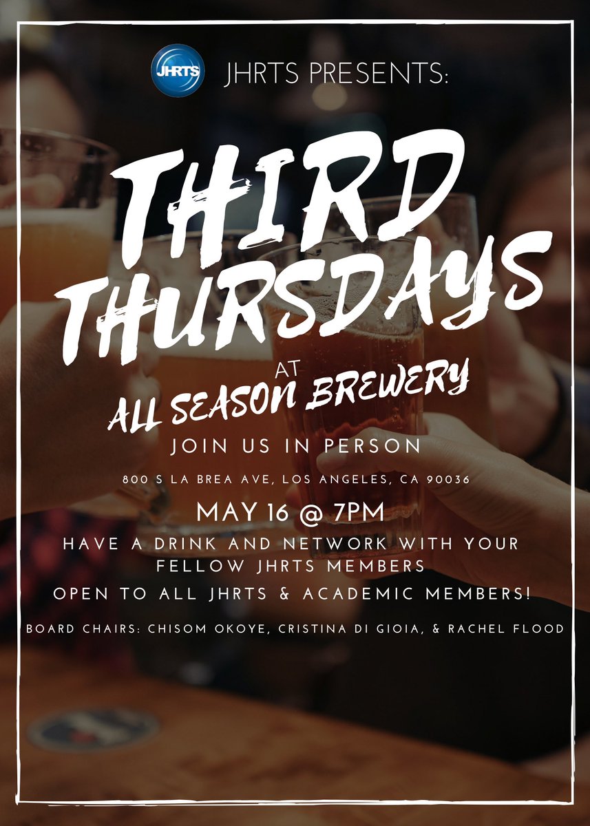 JHRTSLA's tweet photo. Network with your fellow JHRTS members at our monthly mixer!   Date: Thursday, May 16, 2024  Time: 7:00 PM PT  Location: All Seasons Brewery 800 S La Brea Ave  Los Angeles, CA 90036

RSVP: https://t.co/xDE674E2VR https://t.co/1WiBaIsdfm