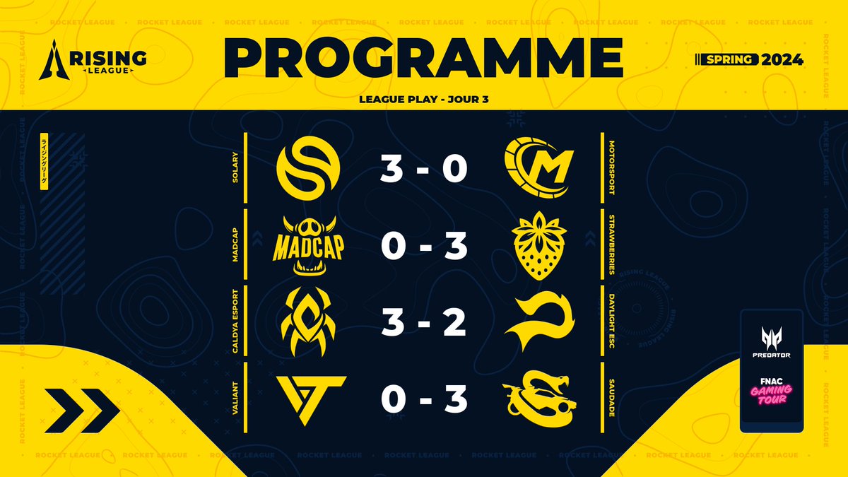 RocketBaguette's tweet photo. Fin de ce 3ème jour de #RisingLeague. 3 sweeps et 1 game 5, la ligue nous réserve encore des surprises ! 🤩

Rendez-vous demain à 19h pour la suite du league play ! 👀