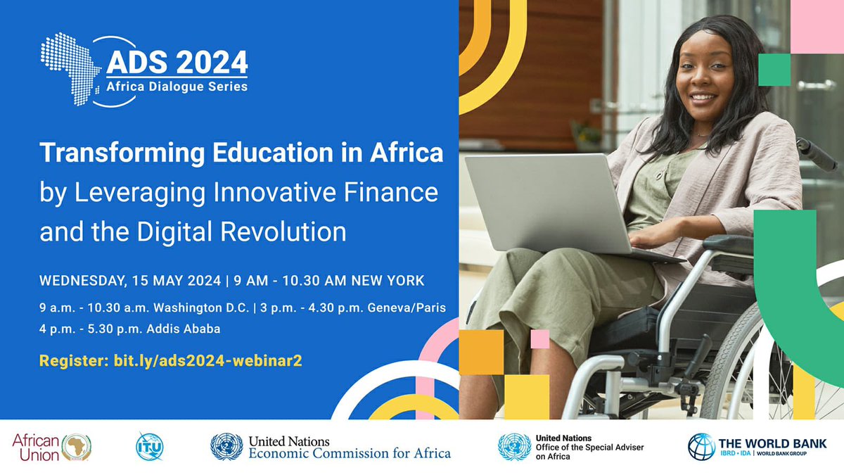 @AfricanUnionUN invites you to join the #ADS2024 second week webinar, on 15 May, under the theme:“Transforming #Education in #Africa by Leveraging #Innovative Finance & the  #DigitalRevolution”.

Please register in advance 👉🏽 bit.ly/ads2024-webina…

#Agenda2063
#Agenda2030