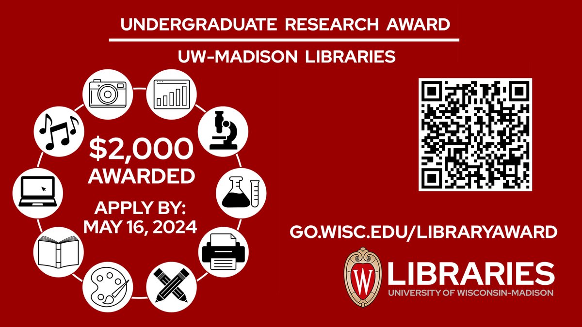 Apply for the Undergraduate Research Award and receive $2,000 upon completion of the requirements AND receive personalized assistance from a subject specialist! Deadline to apply is May 16. Learn more at: library.wisc.edu/college/resear… #research