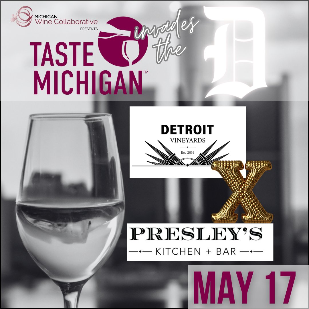 Join neighbors Presley's and Detroit Vineyards for happy hour featuring DV Viognier and Cab Franc and bites prepared by the Presley's! More at: tastemichigan.org/taste-michigan… #MIWineCollab #MIWine #MichiganWine #DrinkMIWine #TasteMichigan #MIWineMonth #TasteMIInvadestheD #Detroit