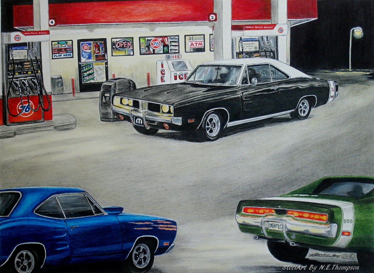 Throwback to this day in 2018, I shared my completed drawing 'Mopar Club Cruise Night,' for the first time.

#artist #classiccar #art #traditionalart #cars #drawing