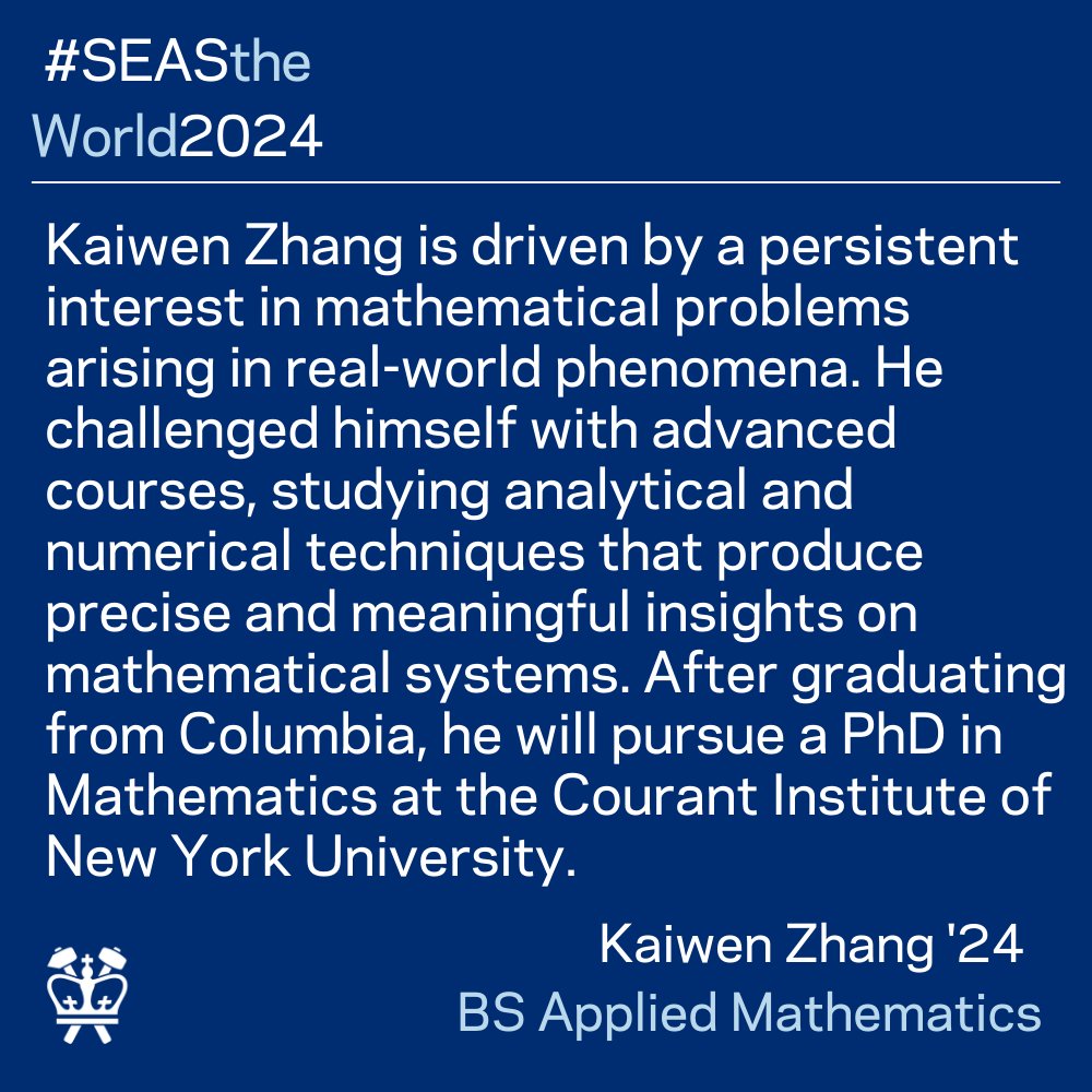 Congratulations @CUSEAS @APAMMSECU Kaiwen Zhang - Applied Mathematics Faculty Award Winner #SEAStheWorld2024 apam.columbia.edu/2024-apam-seni…