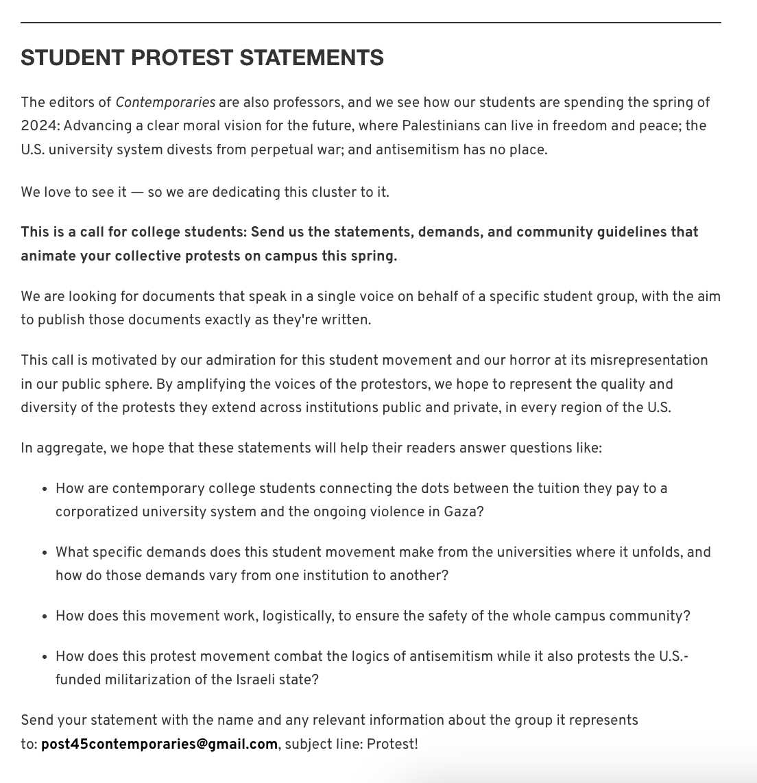 CALL FOR STUDENT PROTEST STATEMENTS

We're putting together a cluster to amplify student positions and demands to reject media misrepresentations of protests for Palestine. Please send us your statements, zines, signs, journalism, guides — more details at: post45.org/contemporaries…