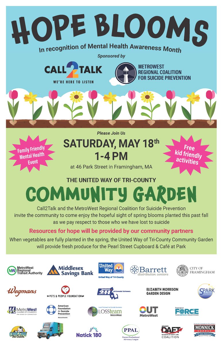 uwoftc's tweet photo. Join us Saturday at our new Community Garden in #Framingham for #Call2Talk &amp; @mwrcsp's Hope Blooms event! 🌷🌻 We're so excited to get "growing" and plant veggies in the space soon thanks to support from @middlesexbank @BarrettDC @Framingham_MA &amp; @MWRTA. 🍽🌱🥕🥒🍅 https://t.co/y80MpPJzuQ
