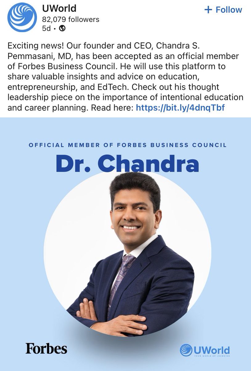 Never let anyone tell you it’s impossible! Dr. Chandra, an IMG from India 🇮🇳, who completed medical school at Osmania Medical College, and founded UW during his IM residency has been accepted as an official member of Forbes Business Council! Dr. Chandra is indeed an inspiration!