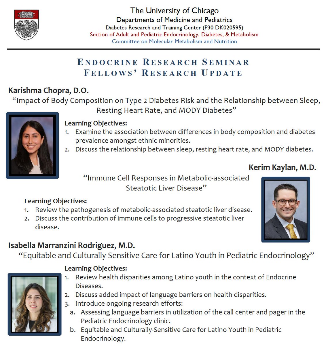 From #diabetes to #liverdisease to #healthdisparities, today's Endocrine Research Seminar covers it all - with talks by three Endocrinology Fellows.

Mon, May 13
5 pm CT
In Person &amp; On Zoom - DM for link