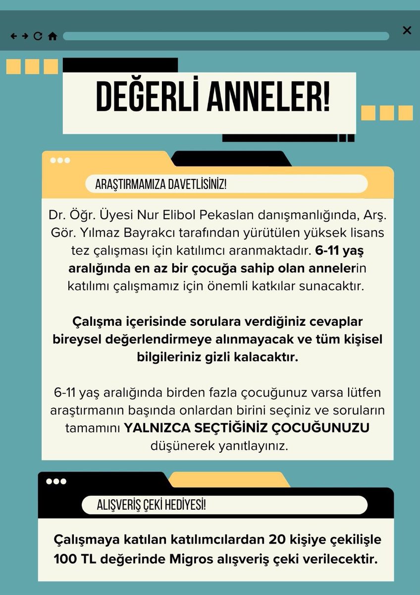 Çalışmamız için 6-11 yaş aralığında en az bir çocuğa sahip olan annelerin katılımını beklemekteyiz. Aşağıdaki linke tıklayarak çalışmamıza katılabilirsiniz.

forms.gle/2ZZRL3YE6DmgPA…