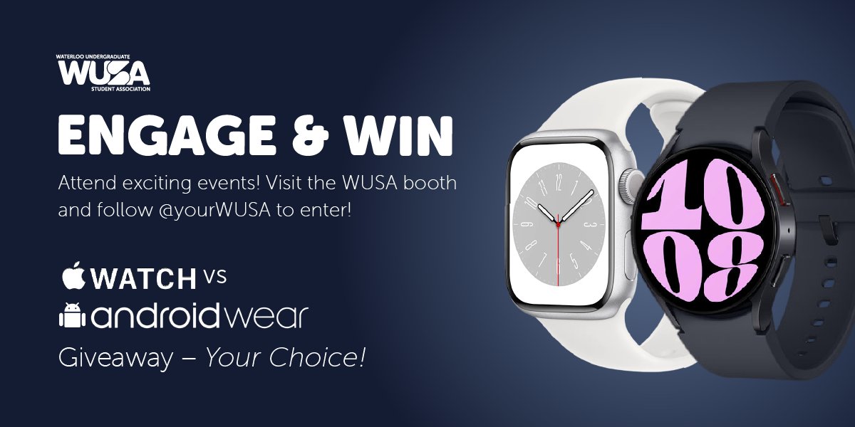 Engage and win with #yourWUSA!

Immerse yourself in Welcome Week activities all week along with other epic events throughout May for your chance to WIN! It’s going to be lit, are you ready?

Visit wusa.ca/spring-term-gi… for details.

#uwaterloolife #letsgo