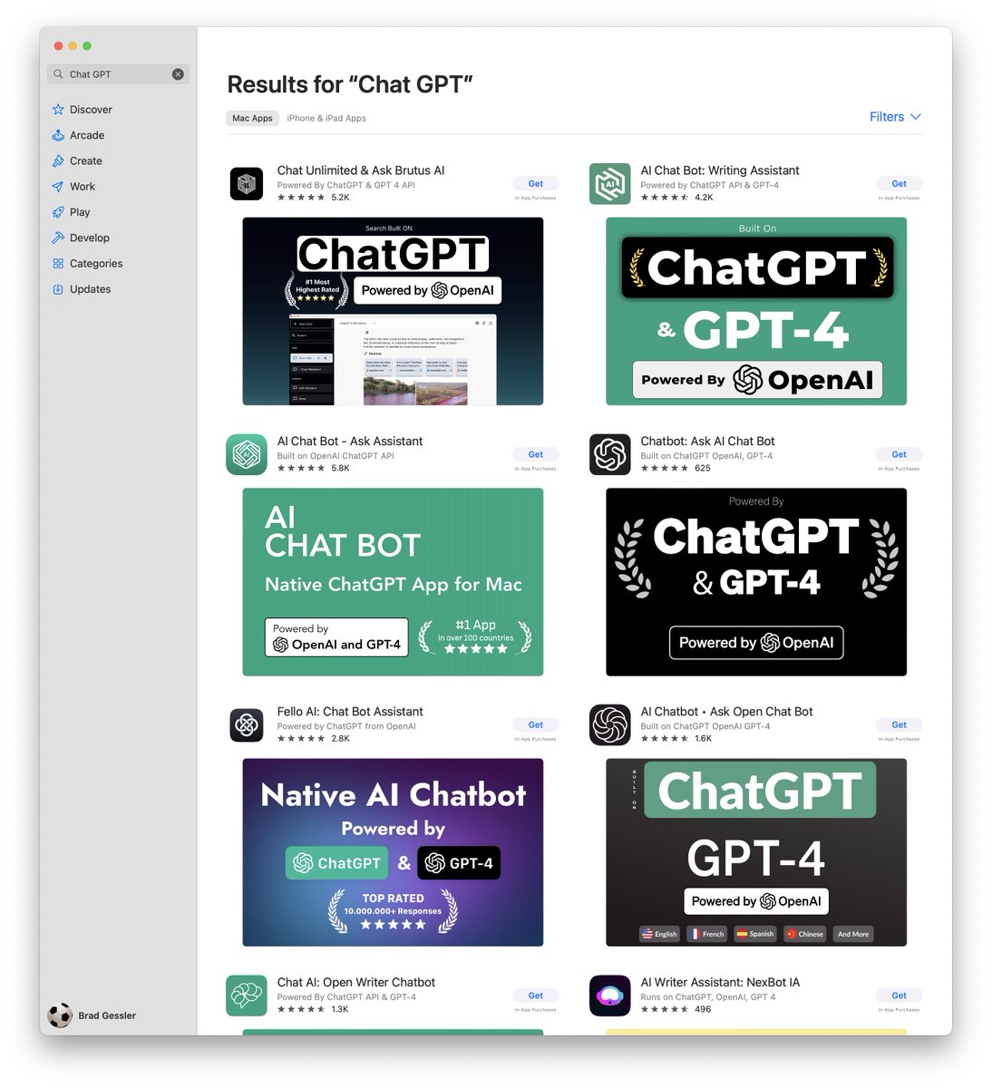 bradgessler's tweet photo. Apple: “The App Store review process is required to maintain a certain level of quality for our apps” 

Me searching for the official ChatGPT macOS app.

🤣 https://t.co/tXwLPinU9n