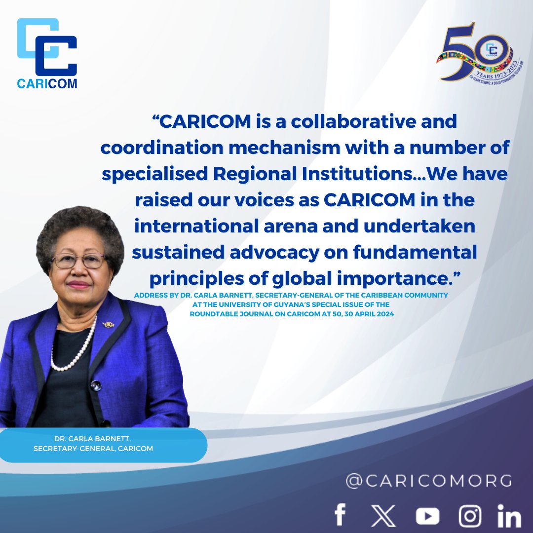 On 30 April 2024, @SG_CARICOM Dr Carla Barnett delivered an address at the Launch of the Special Issue of the Round Table: Commonwealth Journal of International Affairs, CARICOM @ 50. Read her full address ➡️ ow.ly/OVwG50REPRm #CARICOMAT50 #JOURNAL