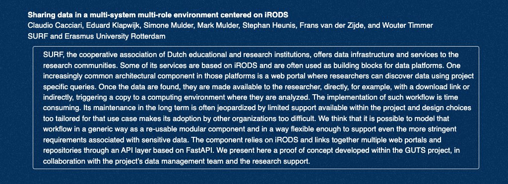 During the #IRODSUGM, a team from @SURF_NL + @erasmusuni will present an example of modeling a workflow as a flexible modular component that relies on iRODS and links together multiple web portals + repositories. Tune in on May 29 at 2:20 CET / 8:20 ET. irods.org/ugm2024/