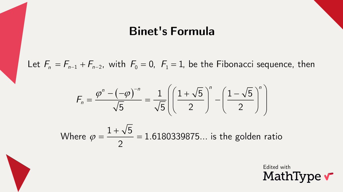 Another way of computing the n-th Fibonacci number is to use Binet's Formula, which calculates any Fibonacci number exactly using the golden ratio. #MathType #math #mathematics #mathematical #mathematician #mathproblems #mathfacts