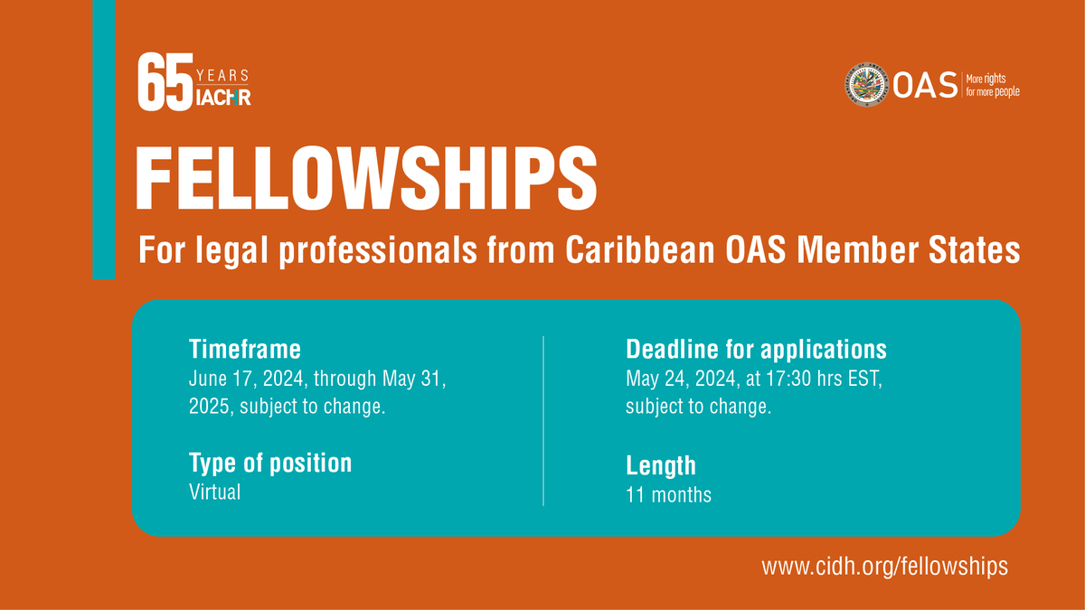 #IACHR is offering a virtual fellowship for young legal professionals from the #Caribbean. Gain hands-on experience applying #HumanRights protection mechanisms. Duration: 11 months Starts: June, 2024 ⏲️Deadline: May 24, 2024, 17:30 EST. Apply 👉bit.ly/F3LC424