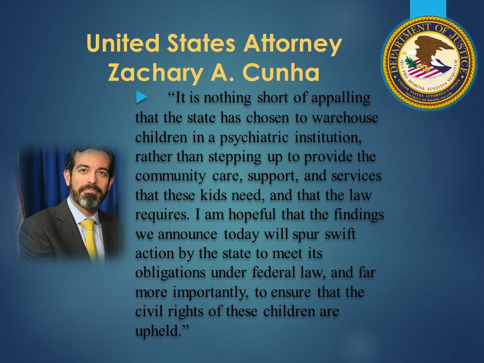 State of Rhode Island Found to be in Violation of Federal Disability Laws for Over-Hospitalization of Children with Behavioral Disabilities in State Care . Read the Letter of Findings: justice.gov/usao-ri/media/… Read press here: justice.gov/usao-ri/pr/sta…