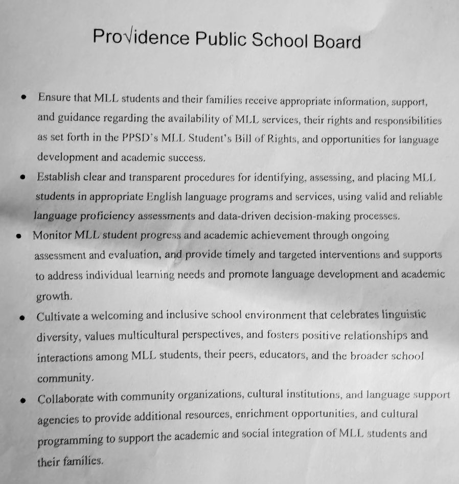 Just passed a Resolution granting rights to all Multilingual Learning students at the last School Board Meeting on 4/24/24! Interesting timing with @StephMachado's article in @BostonGlobe. 
Time for @RIDeptEd & @pvdschools to take immediate Action!