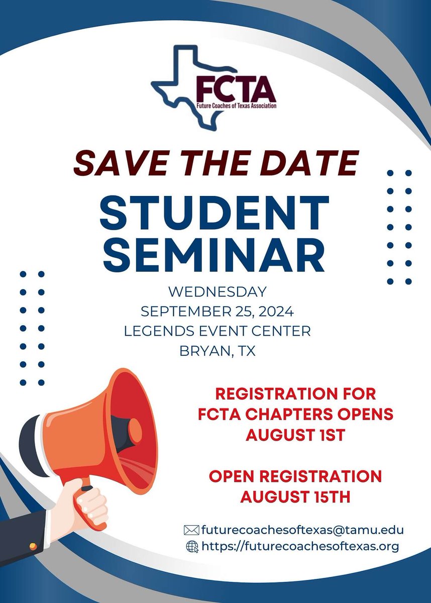 The Future Coaches of Texas Association (FCTA) introduces young adults to the fundamentals of coaching and encourages them to explore opportunities in the coaching profession. FCTA can be found @ futurecoachesoftexas.org + at our tradeshow at State Conference next month.