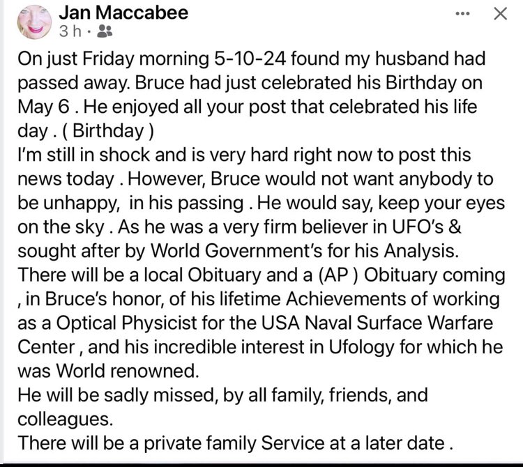 Sad to hear the news that pioneering UFOlogist and US Navy Optical Physicist Dr. Bruce Maccabee has passed away.

His work has been vital in gaining the understanding we have of the phenomenon today. 

#ufotwitter #ufox #uaptwitter #uapx