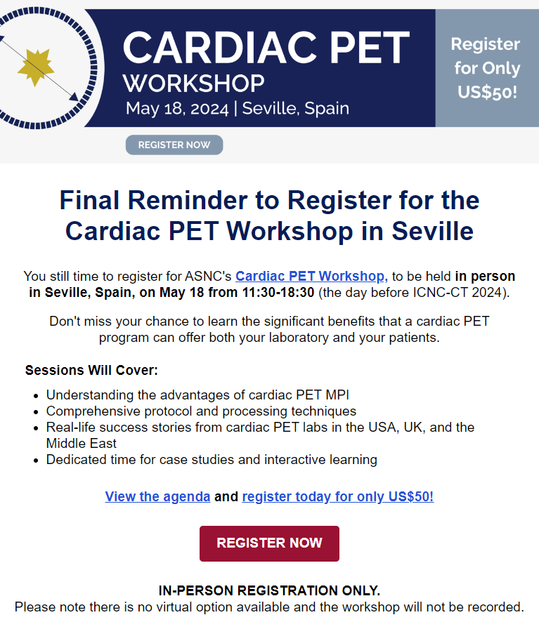 In just a few days, we're heading to Spain for our first Cardiac PET Workshop across the Atlantic! We'll be in Seville on May 18, where our expert faculty will show how your lab & patients can benefit from #ThinkPET. There's still time to register👇 bit.ly/3Ub50EM