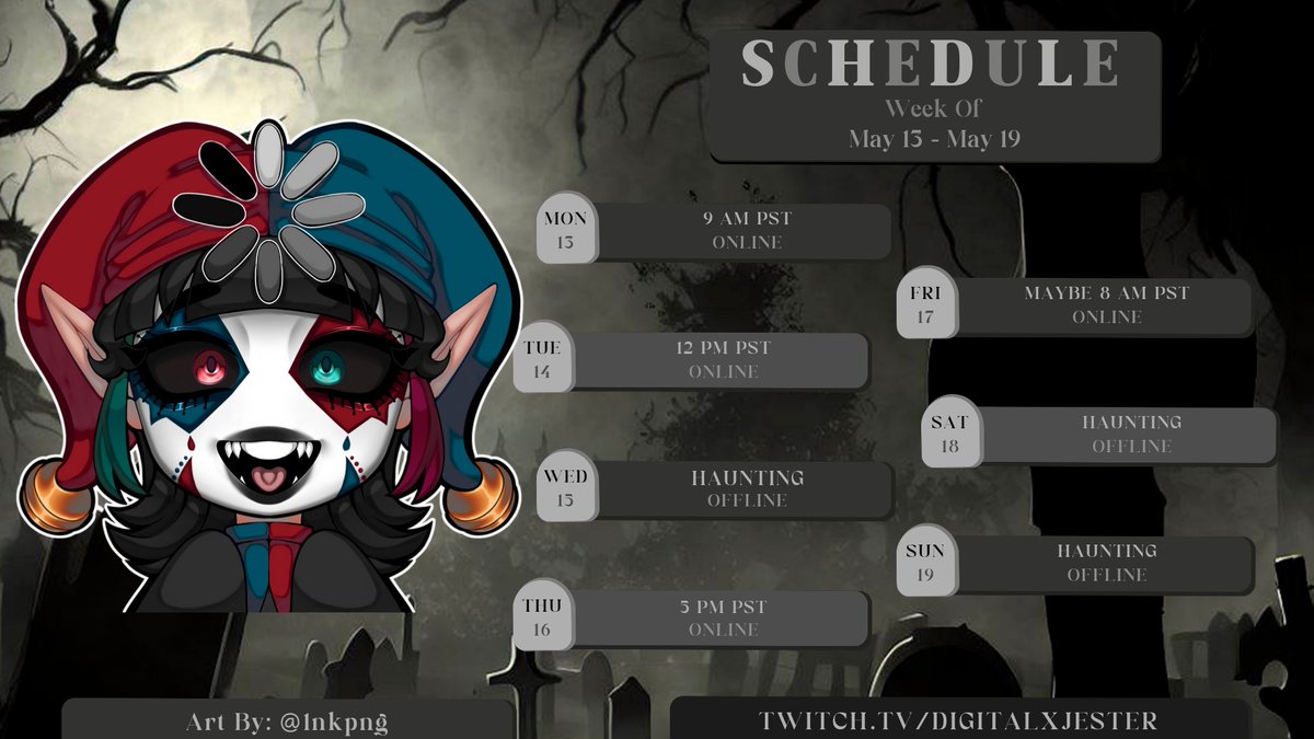 DigitalxJester's tweet photo. I FORGOT TO POST MY #STREAMSCHEDUAL YESTERDAY
anyway here it is lol
🃏🪦🎭
#vtuber #pngtuber #VtuberSupport #streamer #twitch
https://t.co/wqKUN5fG2W https://t.co/SR6PEqzYs2