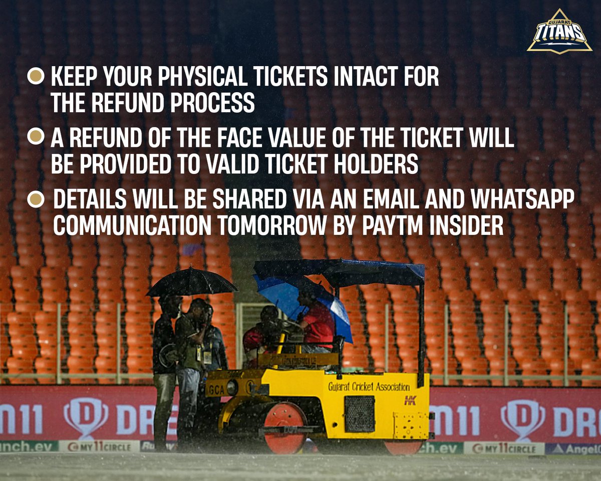 🚨 Important announcement 🚨 

All valid ticket holders for #GTvKKR are eligible for a refund. We thank you for your support and cooperation. 🙌

#AavaDe | #GTKarshe | #TATAIPL2024