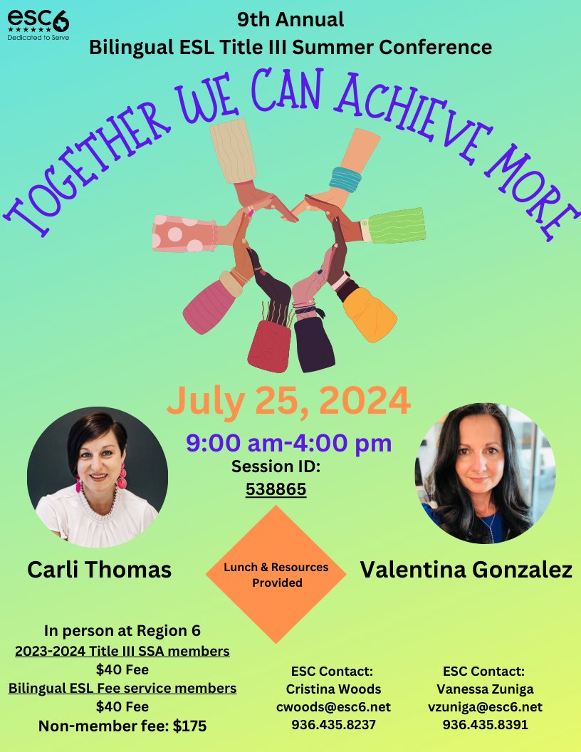 VZuniga_PreK's tweet photo. Excited to share our upcoming Bilingual ESL Title III Summer Conference to be held July 25, 2024. Together We Can Achieve More!! https://t.co/5eaqVcyjzv