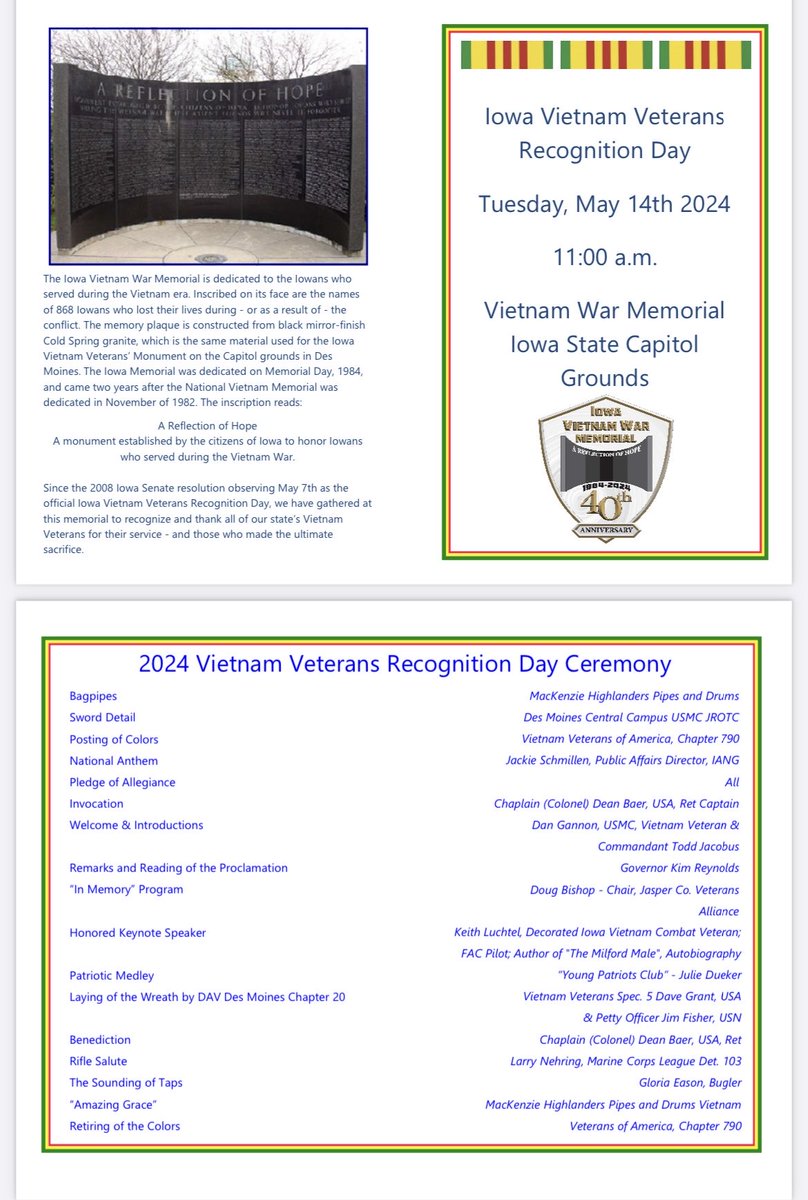 IOWA Vietnam Veterans Recognition Day Ceremony, Tuesday, May 14 at 11:00 am at Iowa Vietnam War Memorial on South Lawn of Iowa State Capitol Grounds. At at end of ceremony Daughters of American Revolution reading names of 868 Iowans killed. #IowaVeterans #AllGaveSome #SomeGaveAll