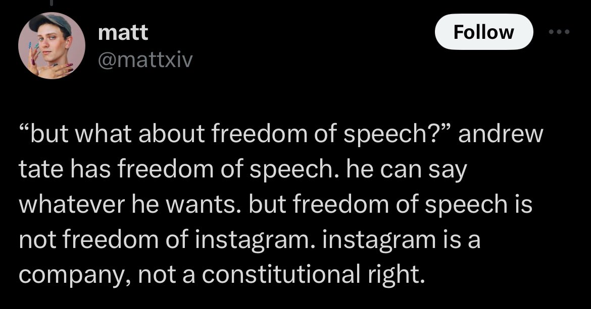 @mattxiv 'but what about freedom of speech?' they have freedom of speech. they can say whatever they want. but freedom of speech is not freedom of campus. colleges are companies, not a constitutional right.