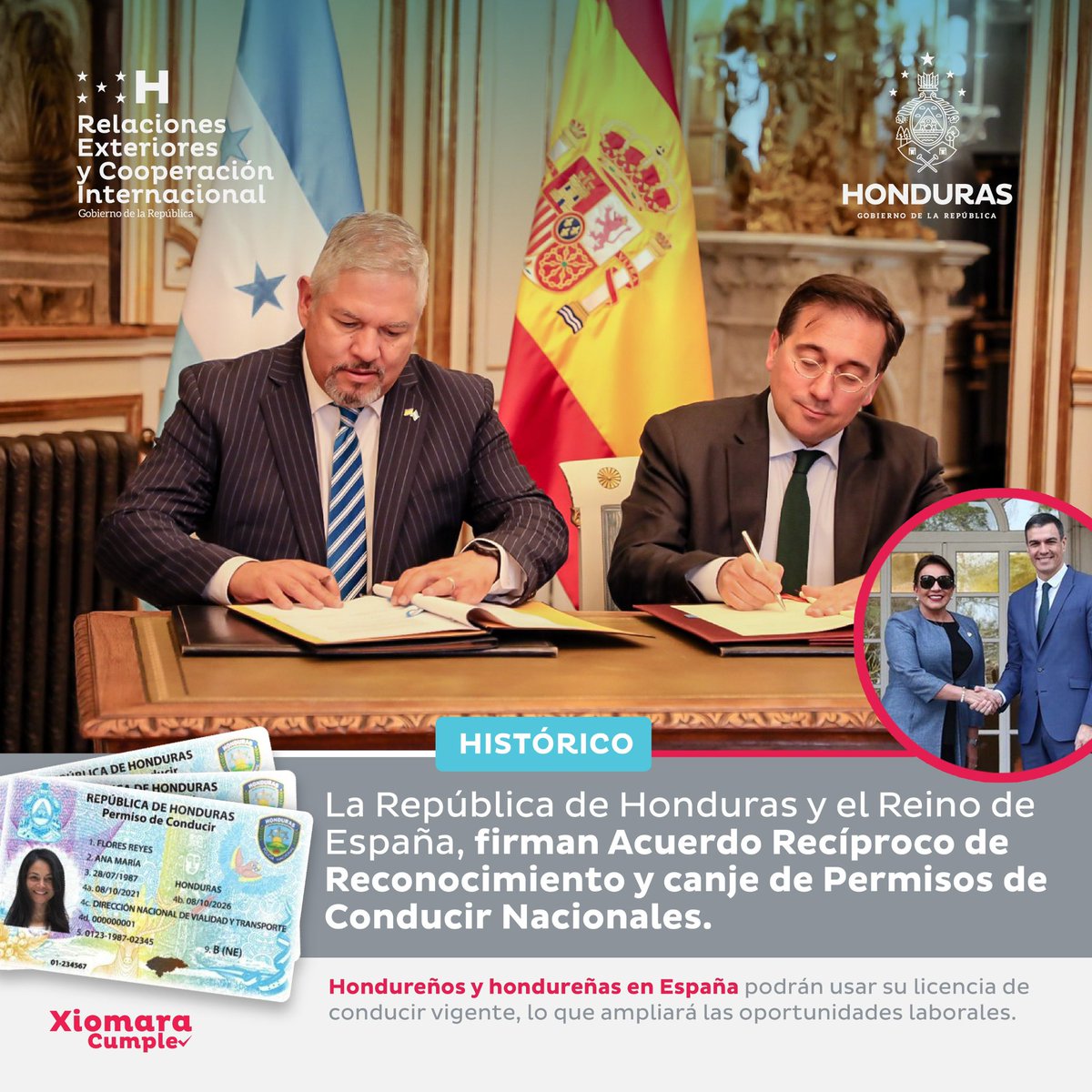 ¡Atención compatriotas que residen en España! 🇭🇳🇪🇸 🚨 Luego de la visita de la Presidenta @XiomaraCastroZ a España en 2023, el Canciller @EnriqueReinaHN firmó el Acuerdo de Reconocimiento Recíproco y el canje de Permisos de Conducir, que beneficiará a más de 180 mil connacionales