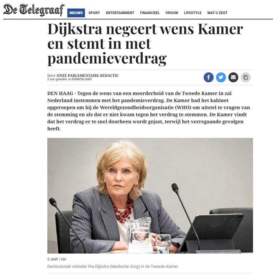 Het zoveelste geval van onbehoorlijk bestuur van de club van oplichter Rutte & co. Schoffering van het parlement.

De eerste actie van het nieuwe kabinet moet zijn om dit besluit nietig te verklaren en de zaak terug te draaien.

#pandemieverdrag