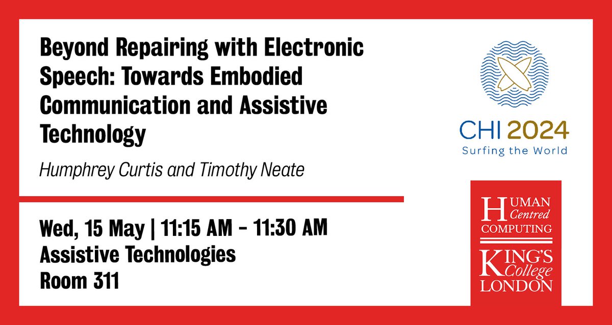 "Beyond Repairing with Electronic Speech: Towards Embodied Communication and Assistive Technology" by @humphreycurtis4 and <a href="/quiteneate/">Timothy Neate (@quiteneate.bsky.social)</a> 

🎥: youtube.com/watch?v=OmgYRB…
🔗: programs.sigchi.org/chi/2024/progr…