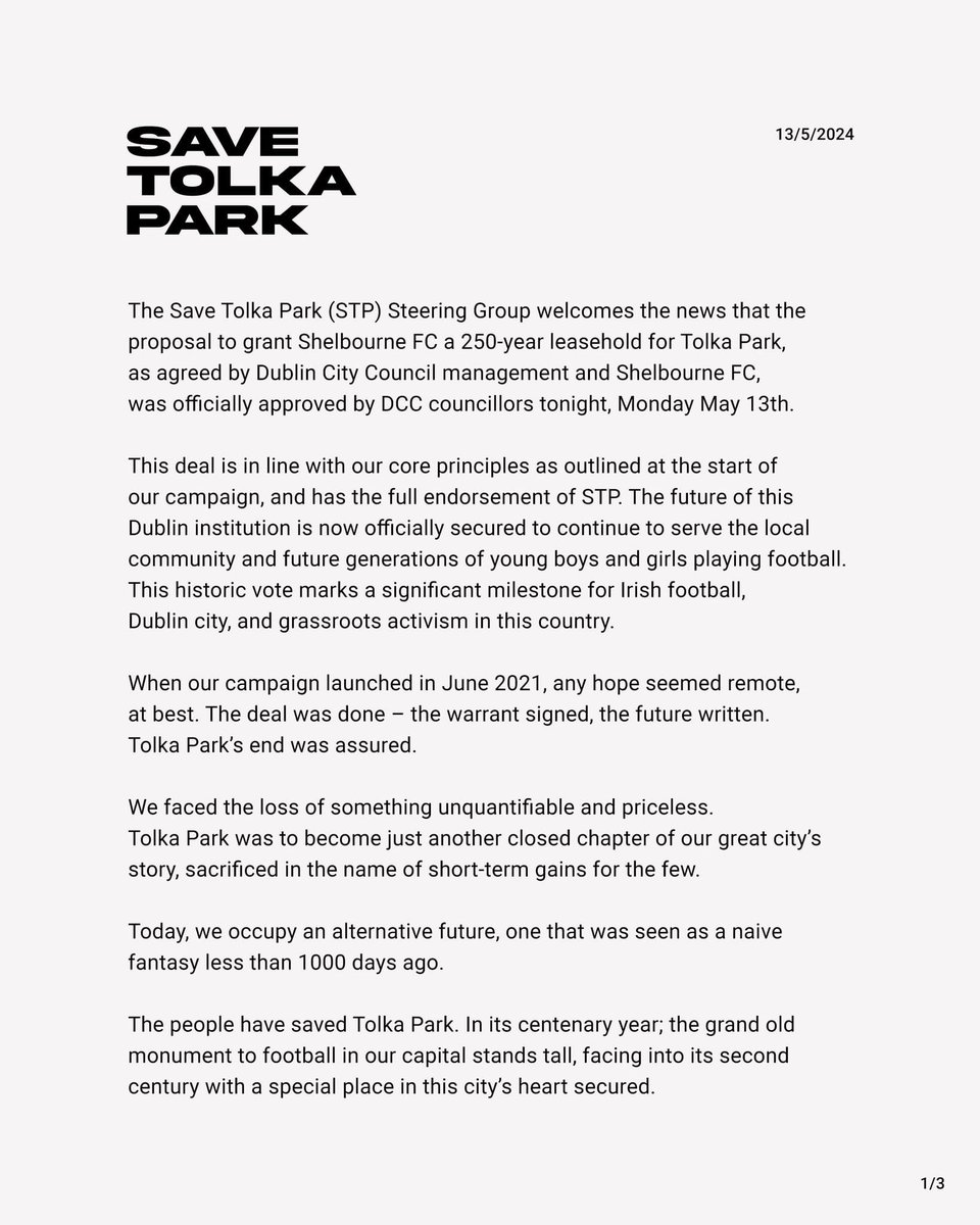 This is wonderful news for football in the city. Tolka Park has been officially saved and will remain in Shelbourne's hands for centuries to come. ♥️ ⚽