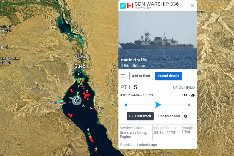 Canadian Frigate HMCS Montreal is now on the other side of the Suez Canal and is now operating in the Red Sea after transiting the Suez earlier today. She is currently operating on Operation Horizon in the Indo Pacific Region.